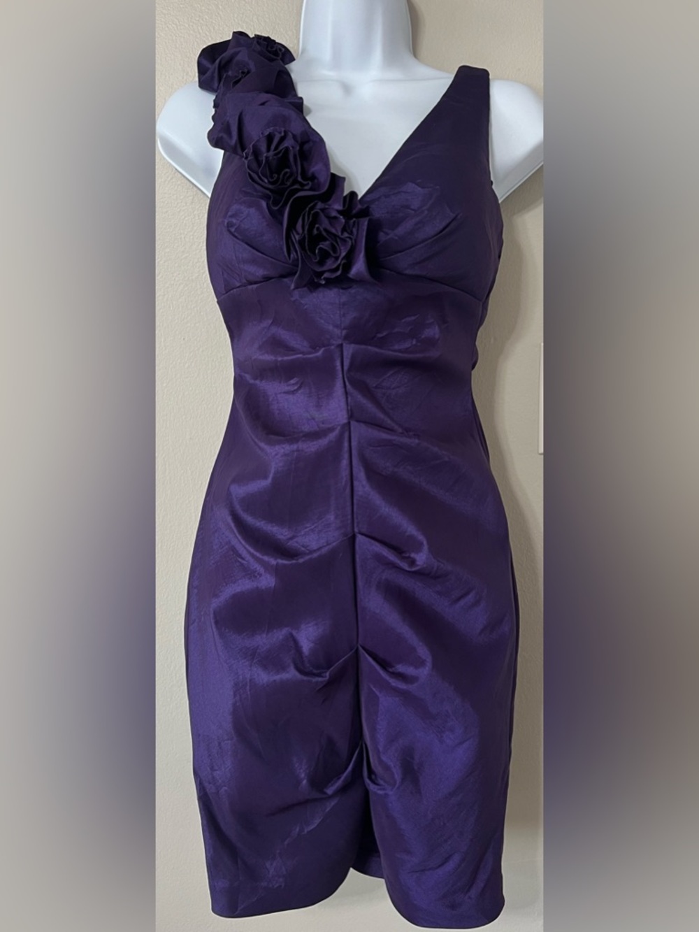 Xscape Petite Purple One Shoulder Cocktail Dress Ruffle Rosette Satin 4P
